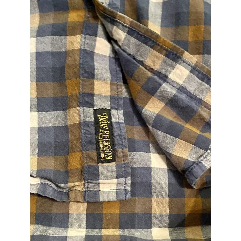 True Religion Men's Button Down Shirt Sz L Long Sleeve Blue Brown‎ Checkered
